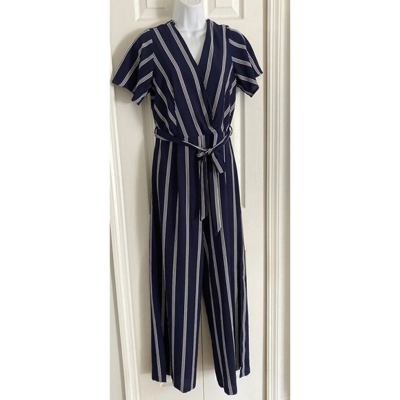 Monteau Pants - Monteau Los Angeles Sz M Blue White Stripe Casual/Lounge Jumpsuit Slit Wide Leg